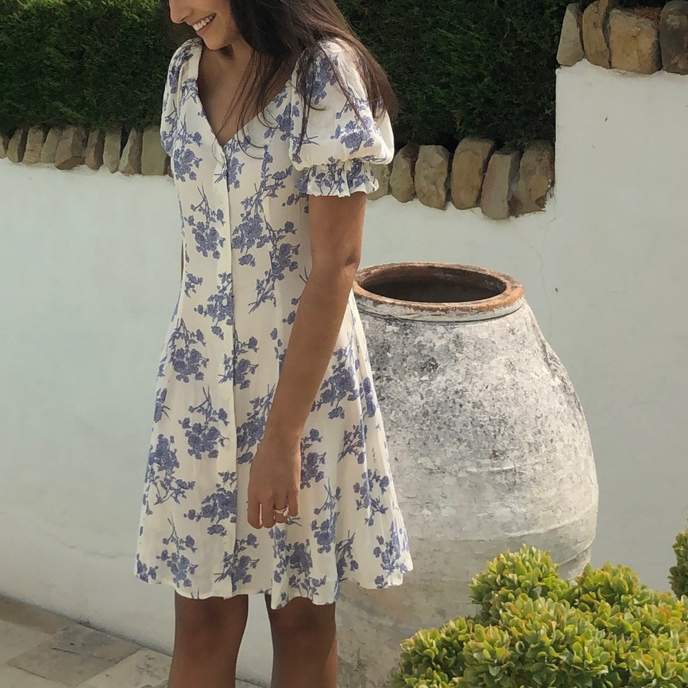 Mango Dress Button Front Cream/Blue Vintage Style - Size 4
